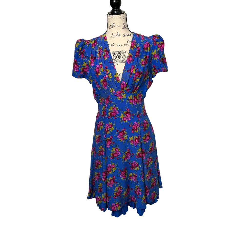 Betsey Johnson Blue Floral Fit & Flare Silk Dress, 10
